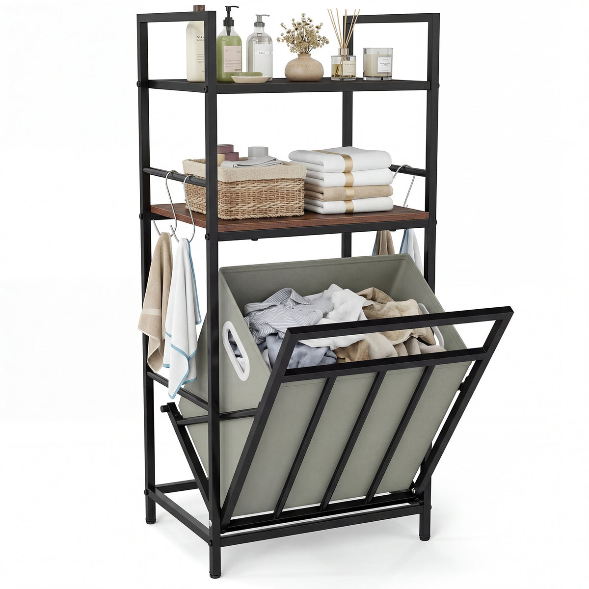 2-Tier Laundry Hamper with Tilt-out Basket & Removable Bag for Bathroom-Rustic Brown