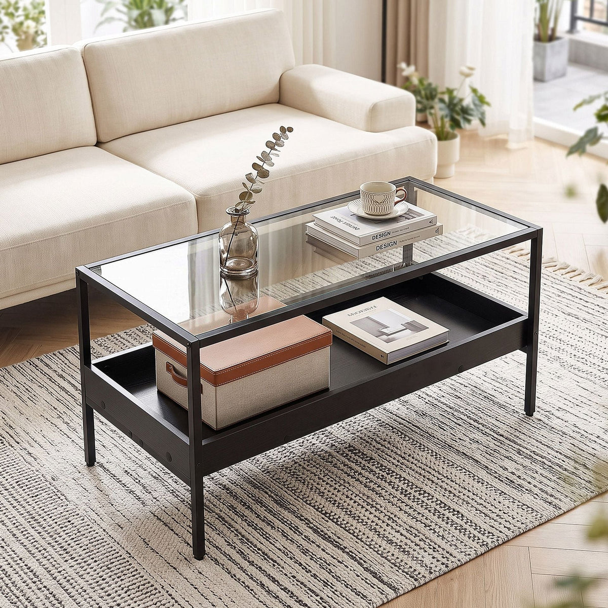 2-Tier Rectangular Glass Coffee Table in Black, image 2