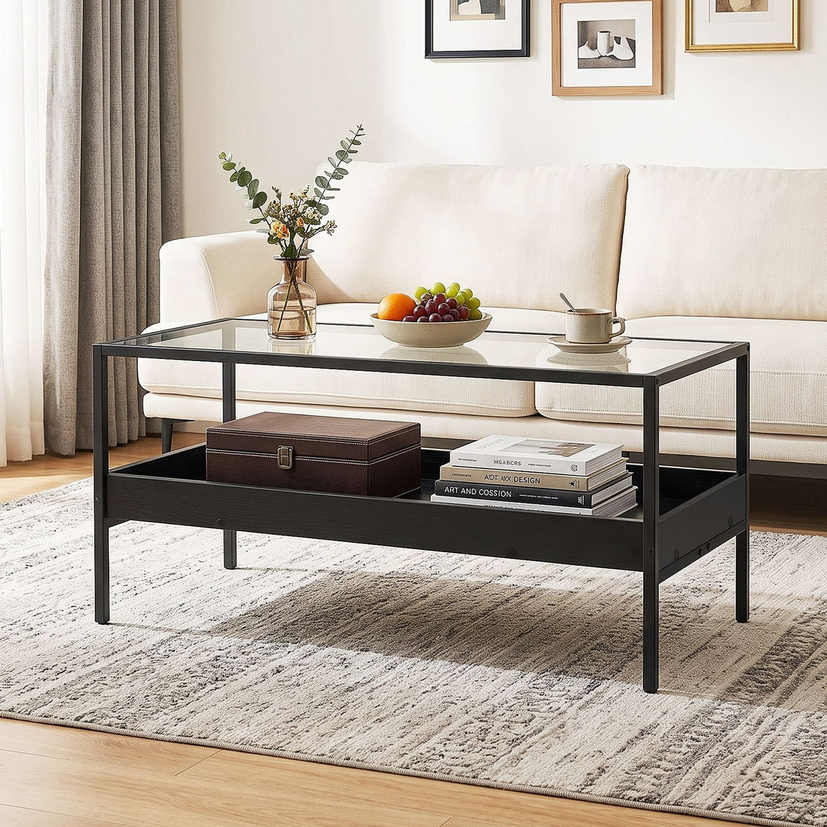 2-Tier Rectangular Glass Coffee Table in Black, image 3