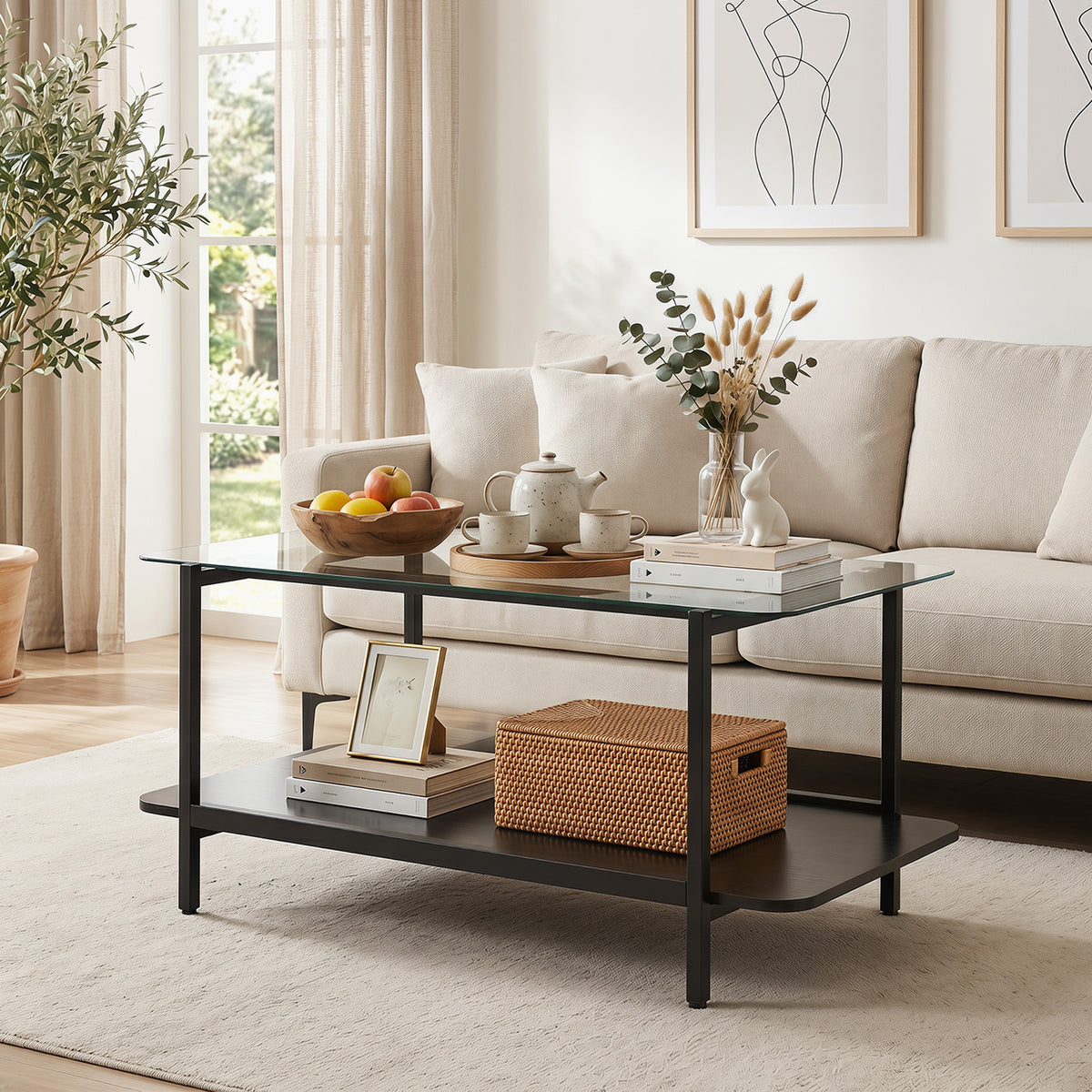2-Tier Rectangular Tempered Glass Coffee Table with Storage Shelf-Black