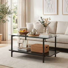 2-Tier Rectangular Tempered Glass Coffee Table with Storage Shelf-Black