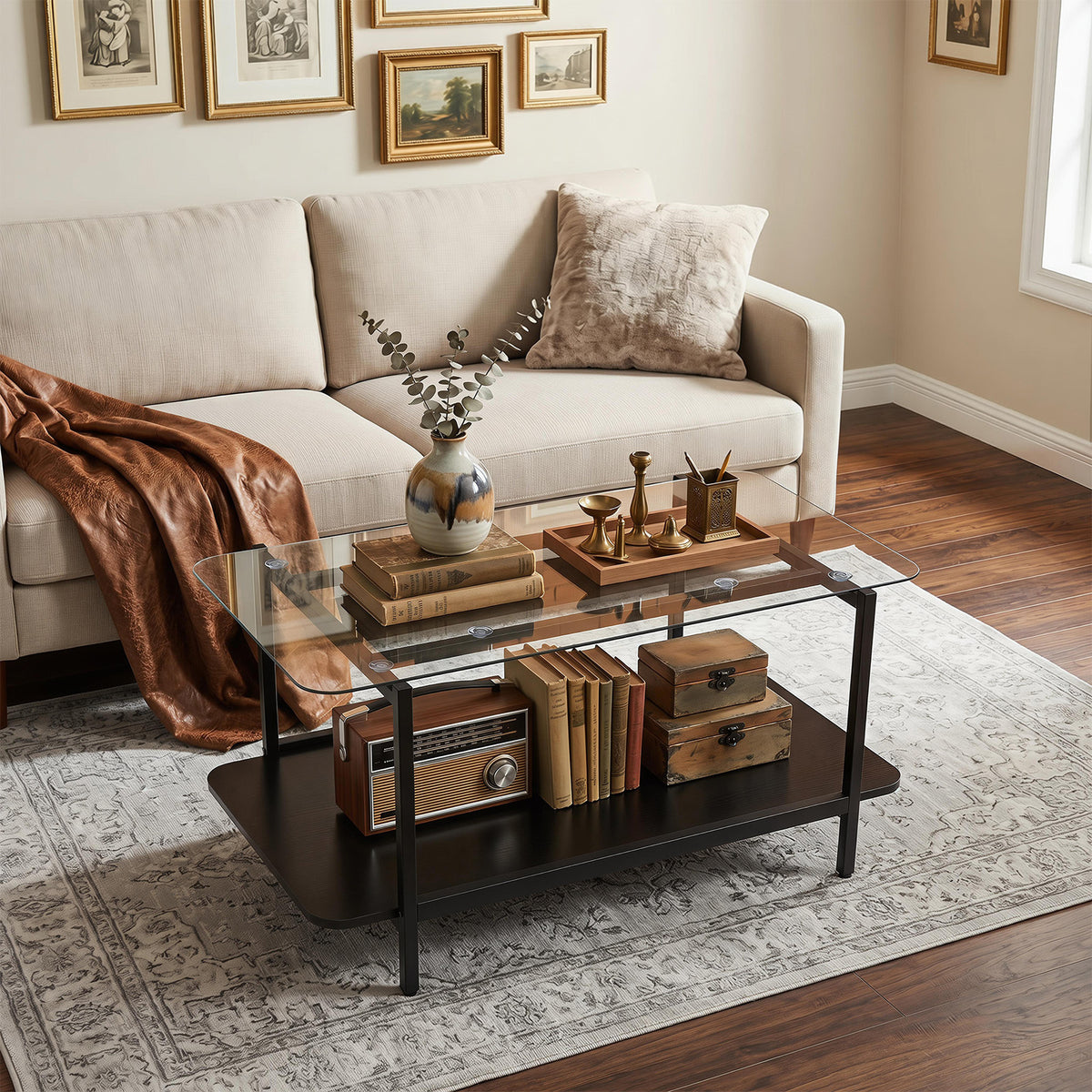 2-Tier Rectangular Tempered Glass Coffee Table with Storage Shelf-Black