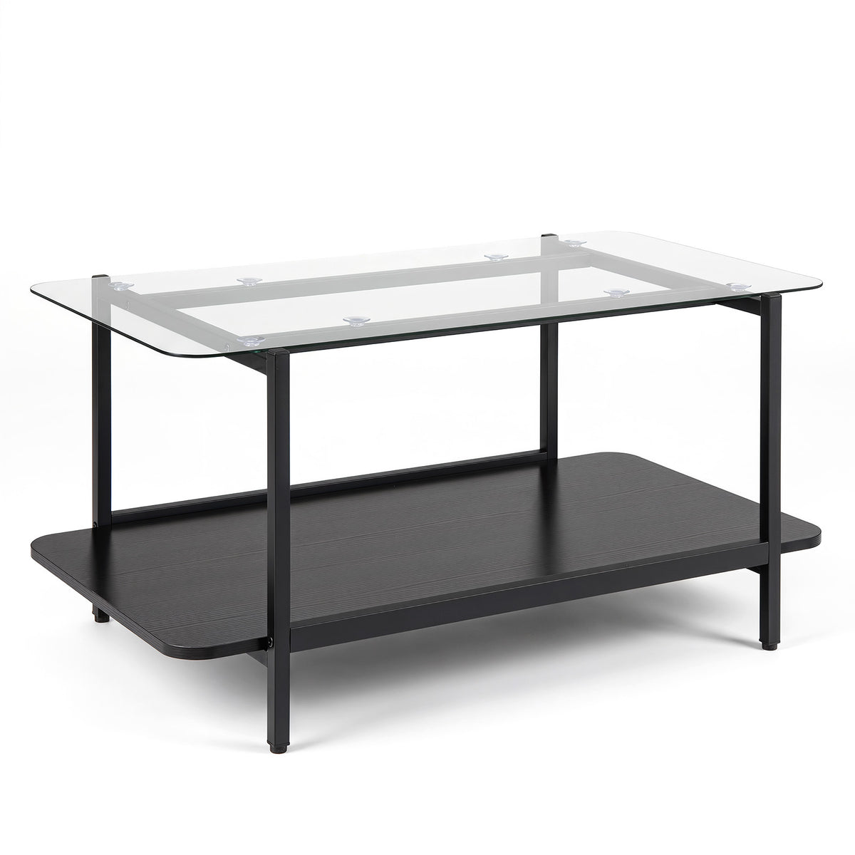 2-Tier Rectangular Tempered Glass Coffee Table with Storage Shelf-Black