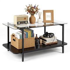 2-Tier Rectangular Tempered Glass Coffee Table with Storage Shelf-Black