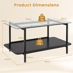 2-Tier Rectangular Tempered Glass Coffee Table with Storage Shelf-Black