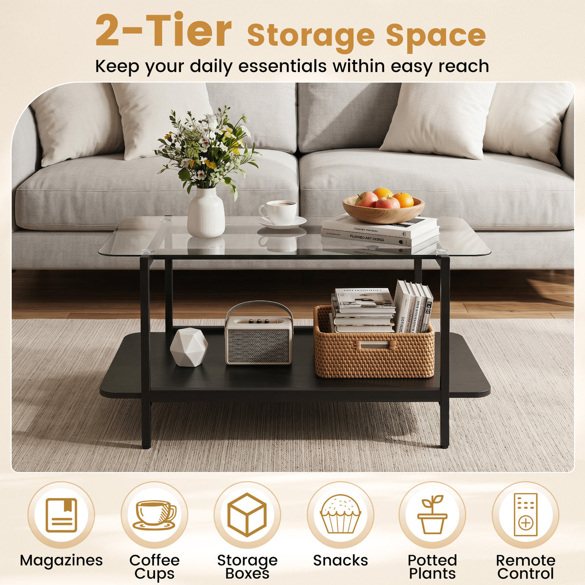 2-Tier Rectangular Tempered Glass Coffee Table with Storage Shelf-Black