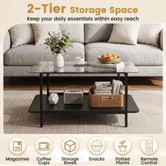 2-Tier Rectangular Tempered Glass Coffee Table with Storage Shelf-Black