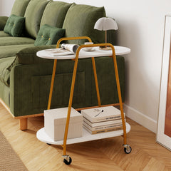 2-Tier Rolling End Table with Faux Marble Surfaces Modern Mobile Side Table-White