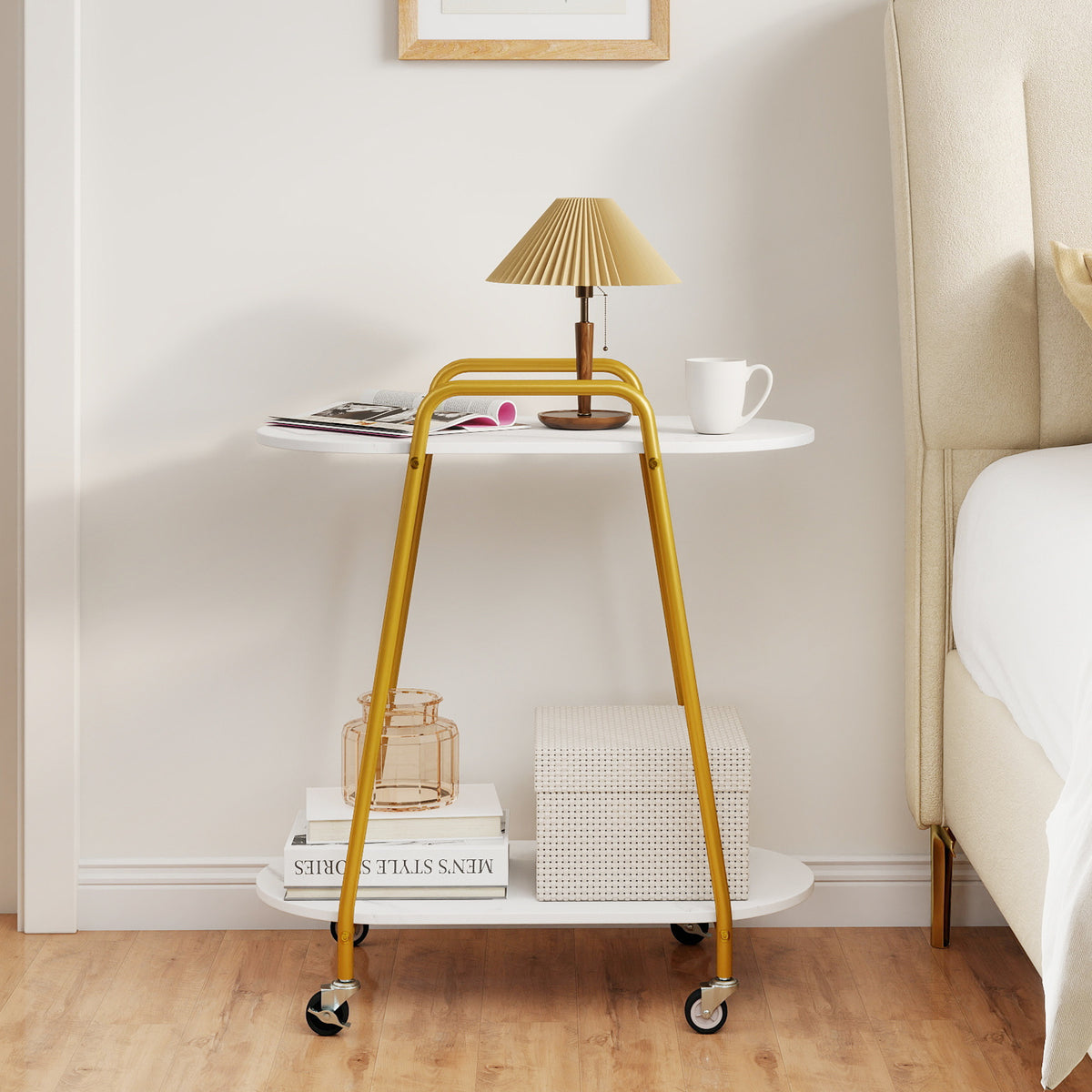 2-Tier Rolling End Table with Faux Marble Surfaces Modern Mobile Side Table-White