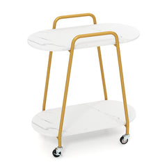 2-Tier Rolling End Table with Faux Marble Surfaces Modern Mobile Side Table-White