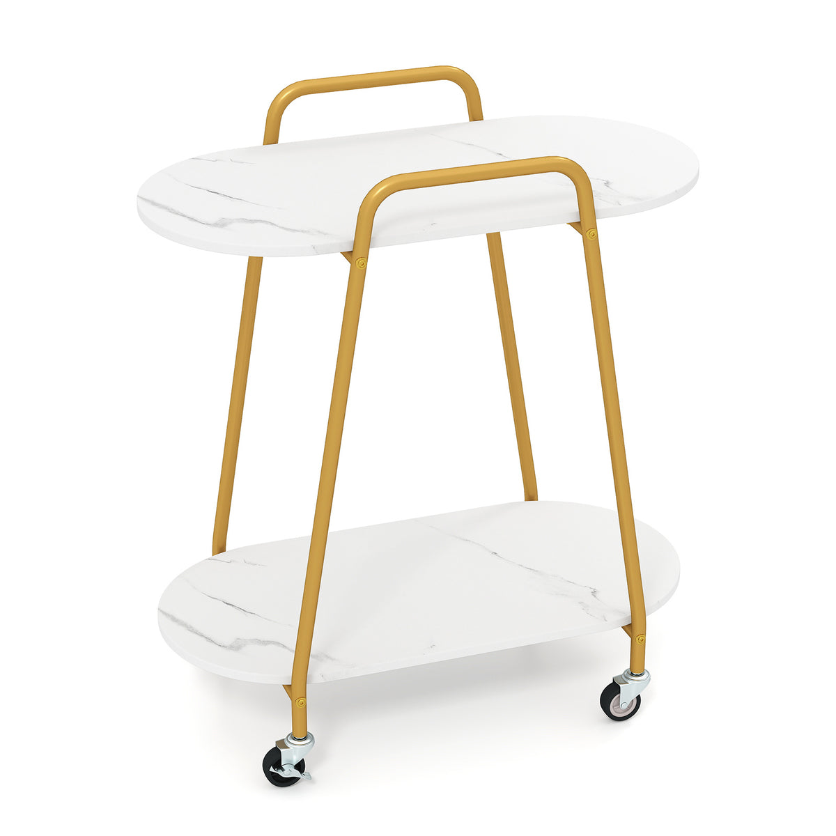 2-Tier Rolling End Table with Faux Marble Surfaces Modern Mobile Side Table-White