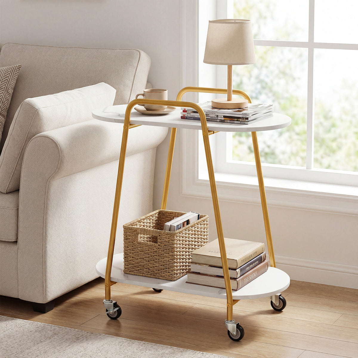 2-Tier Rolling End Table with Faux Marble Surfaces Modern Mobile Side Table-White