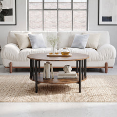2-Tier Round Coffee Table with Open Shelf & Metal Frame for Living Room Small Spaces-Rustic Brown