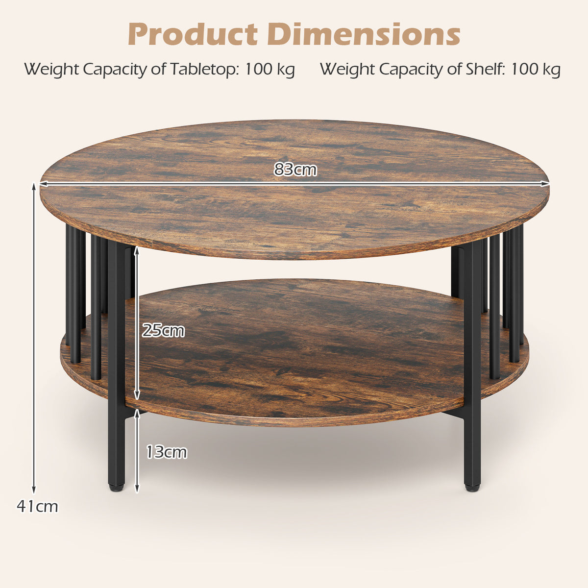 2-Tier Round Coffee Table with Open Shelf & Metal Frame for Living Room Small Spaces-Rustic Brown