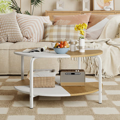 2-Tier Round Coffee Table with Open Storage Shelf-White