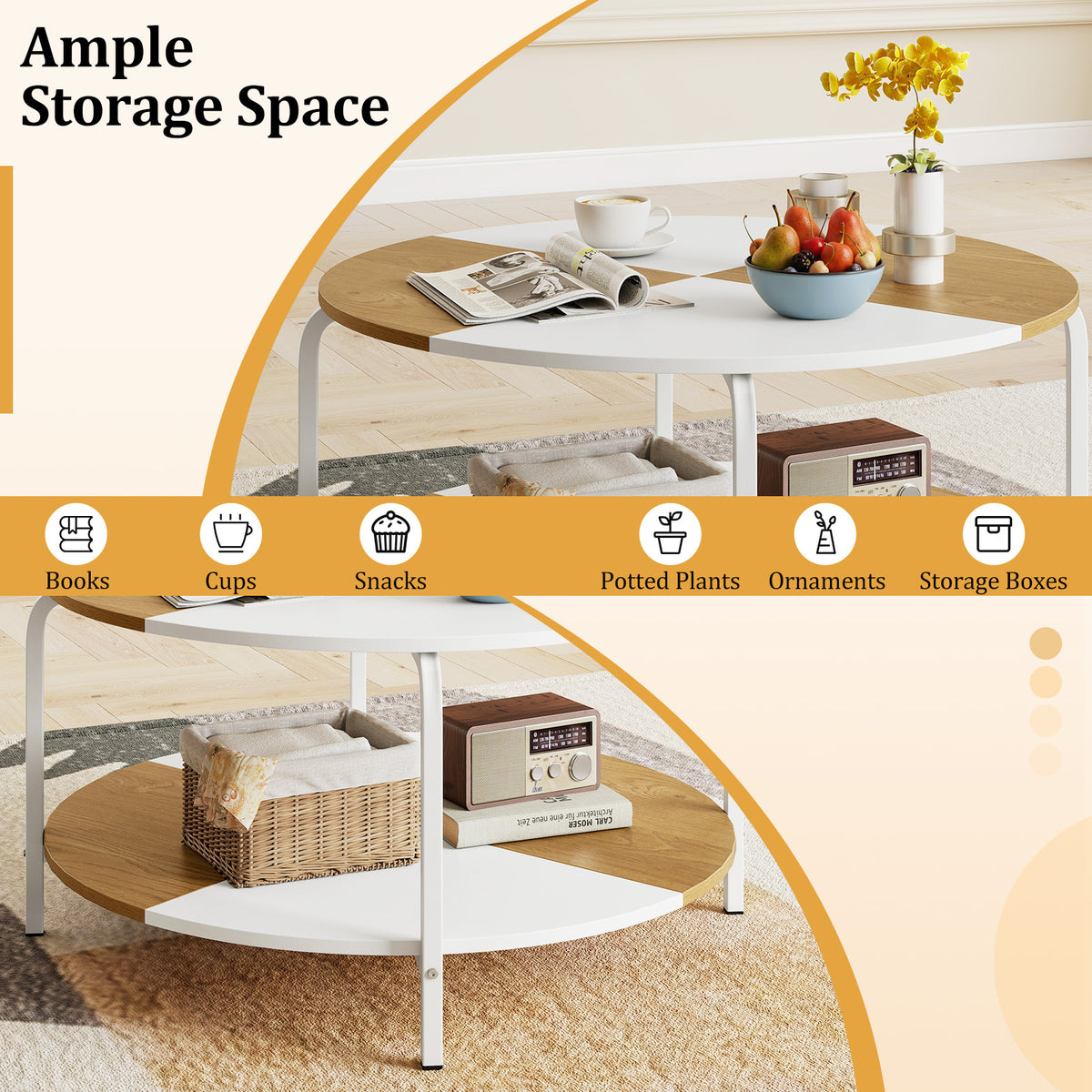 2-Tier Round Coffee Table with Open Storage Shelf-White