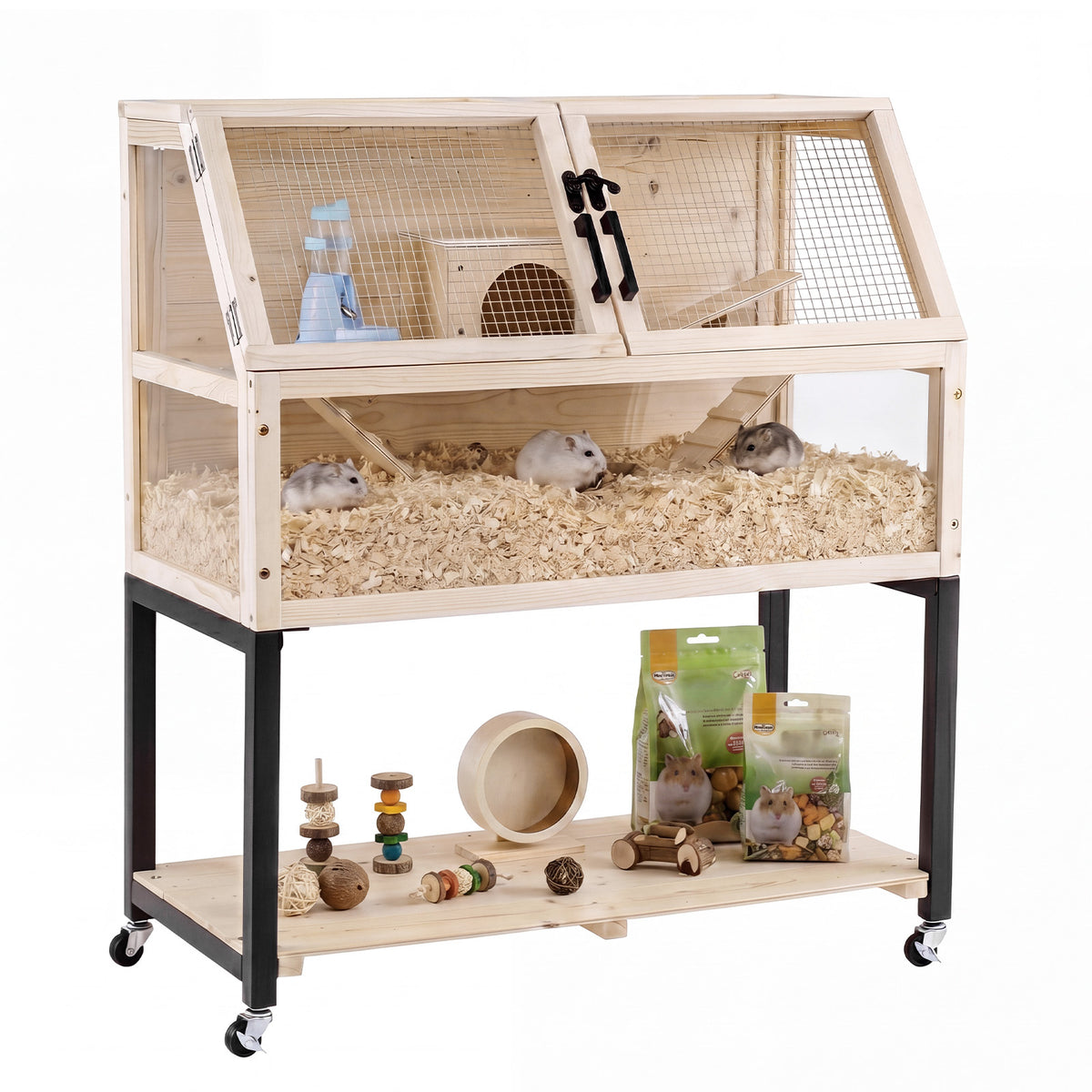 2-Tier Small Animal Habitat with Acrylic Windows Lockable Casters and Storage Shelf-Natrual
