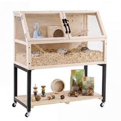2-Tier Small Animal Habitat with Acrylic Windows Lockable Casters and Storage Shelf-Natrual