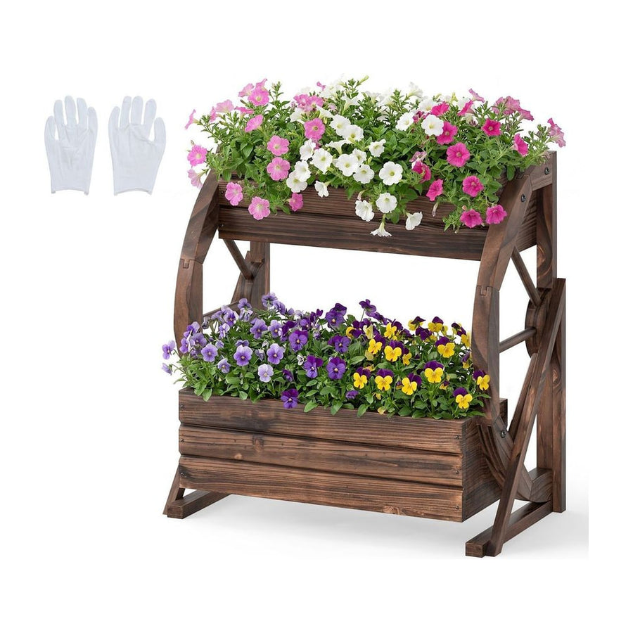 2-Tier Wood Wagon Planter Box with Drainage Holes for Flowers-Coffee