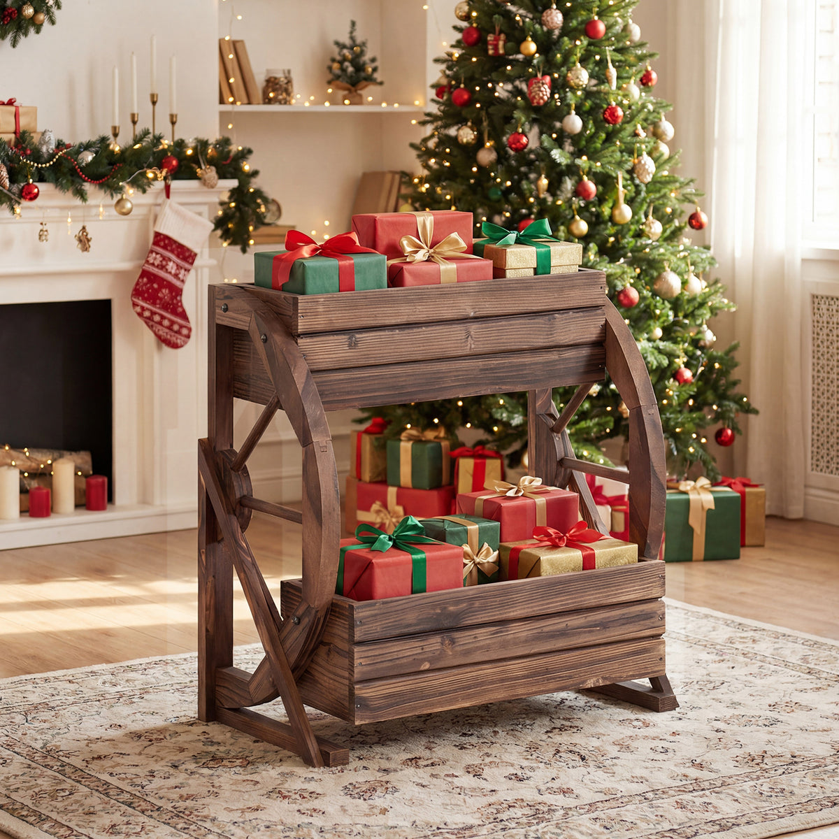 2-Tier Wood Wagon Planter Box with Drainage Holes for Flowers-Coffee