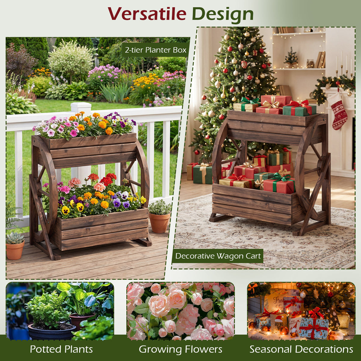2-Tier Wood Wagon Planter Box with Drainage Holes for Flowers-Coffee