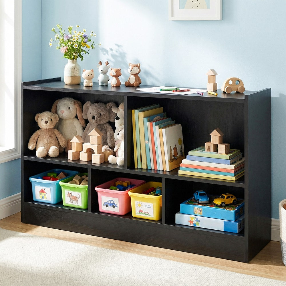 The black kids bookcase holding toys and stuffed animals