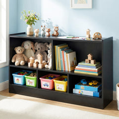 The black kids bookcase holding toys and stuffed animals
