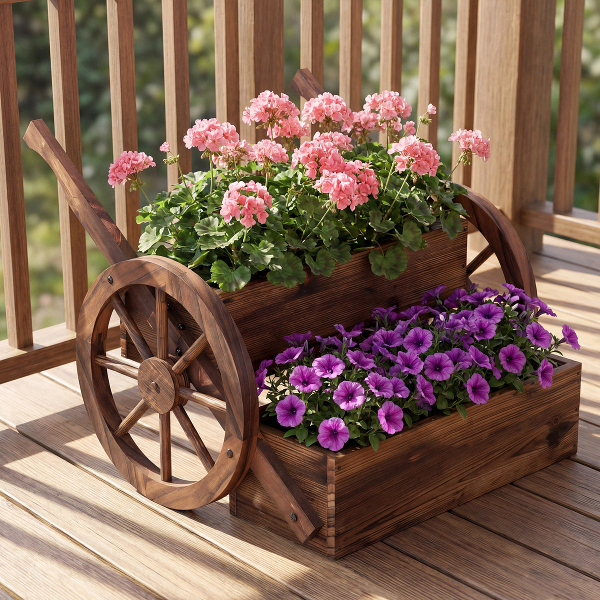 2-Tier Wooden Wagon Planter Box Decorative Raised Garden Bed with Wheels-Coffee