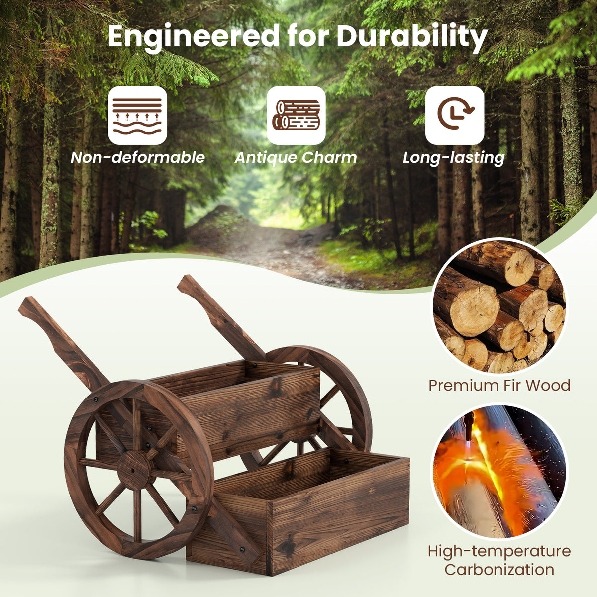 2-Tier Wooden Wagon Planter Box Decorative Raised Garden Bed with Wheels-Coffee