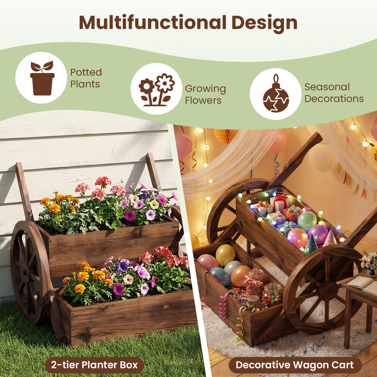 2-Tier Wooden Wagon Planter Box Decorative Raised Garden Bed with Wheels-Coffee