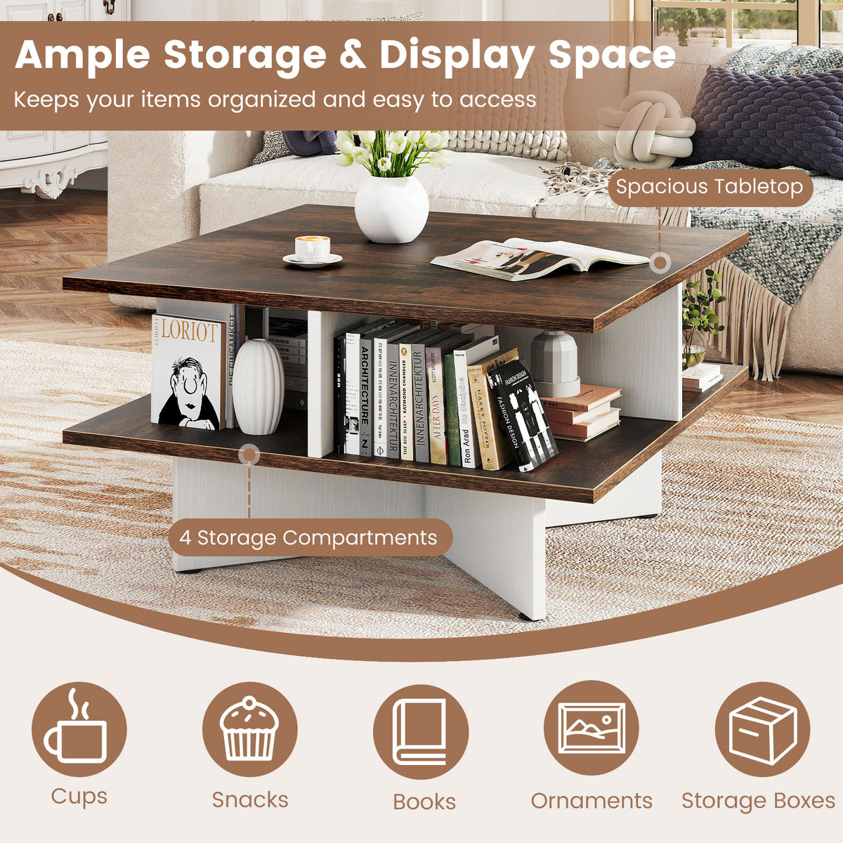 2-Tier Square Coffee Table with 4 Storage Compartments and Cross-shape Base-Coffee