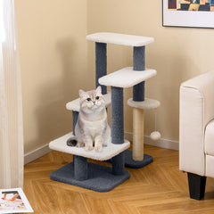 2-in-1 Cat Tree Tower Pet Steps with Sisal Scratching Post 3 Large Platforms-Grey