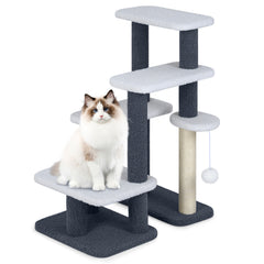 2-in-1 Cat Tree Tower Pet Steps with Sisal Scratching Post 3 Large Platforms-Grey