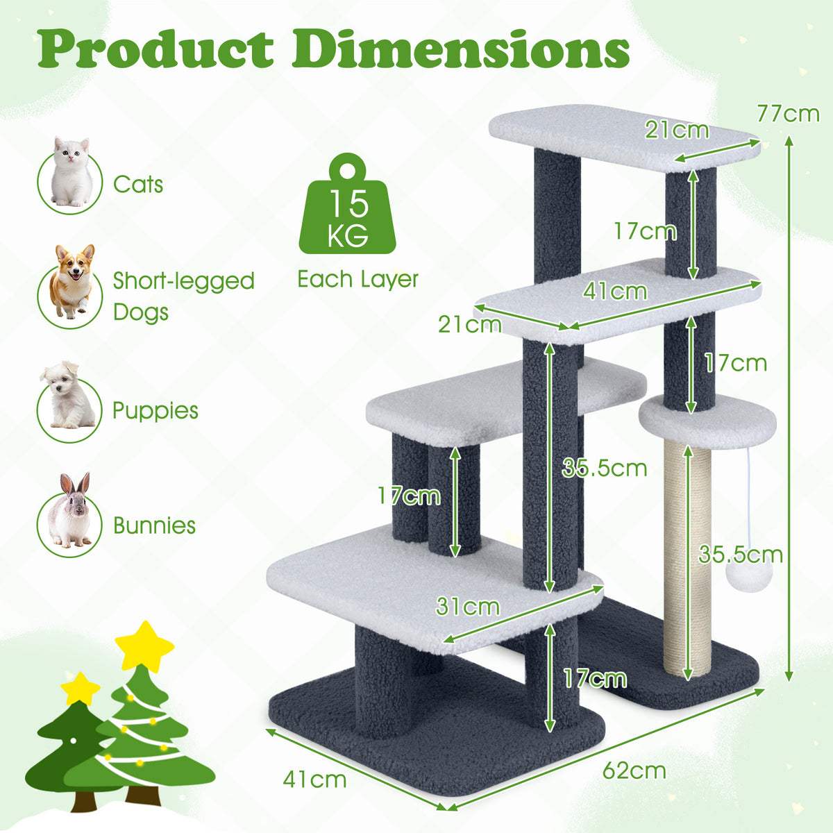 2-in-1 Cat Tree Tower Pet Steps with Sisal Scratching Post 3 Large Platforms-Grey