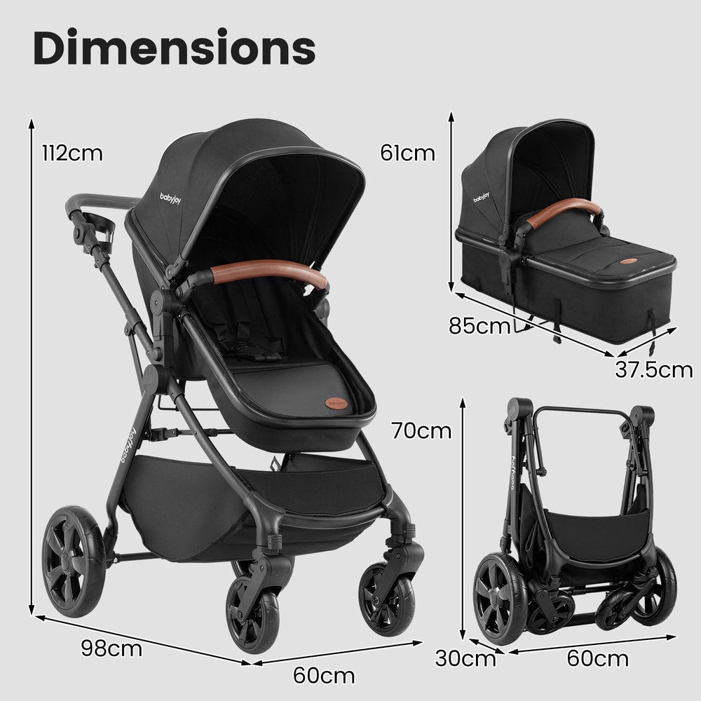 The baby stroller shown in various configurations with labels indicating its overall dimensions