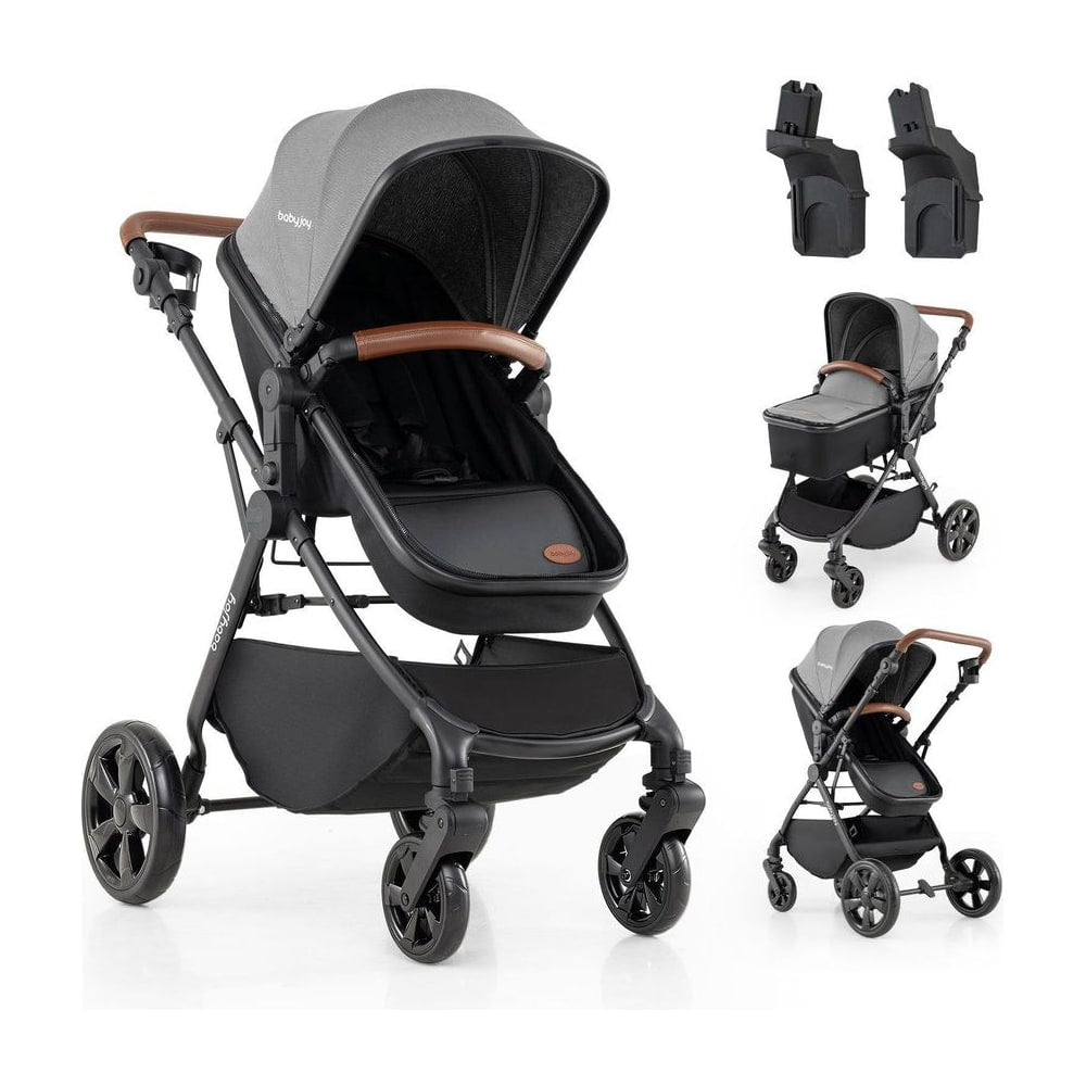 2-in-1 Convertible Baby Stroller shown with bassinet and car seat adapters