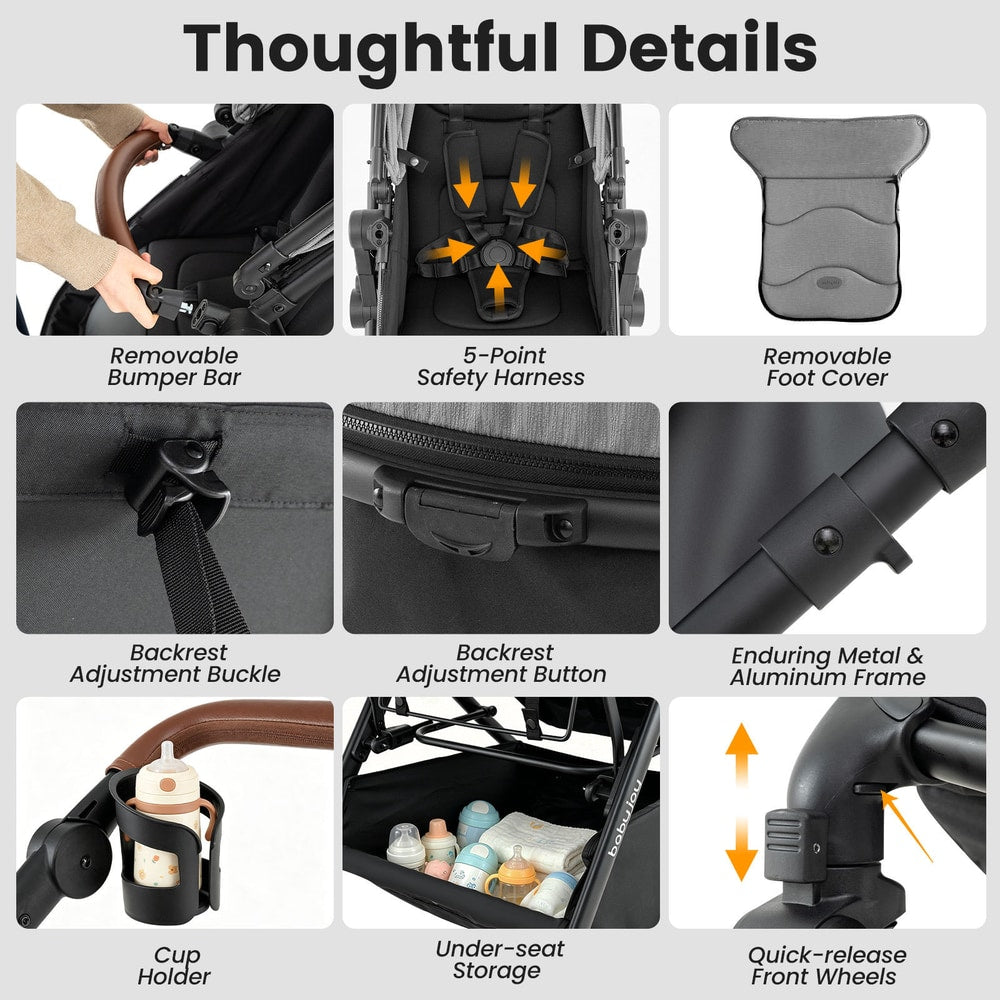 Close-ups of the convertible baby stroller's removable bumper bar, harness, foot cover, and storage
