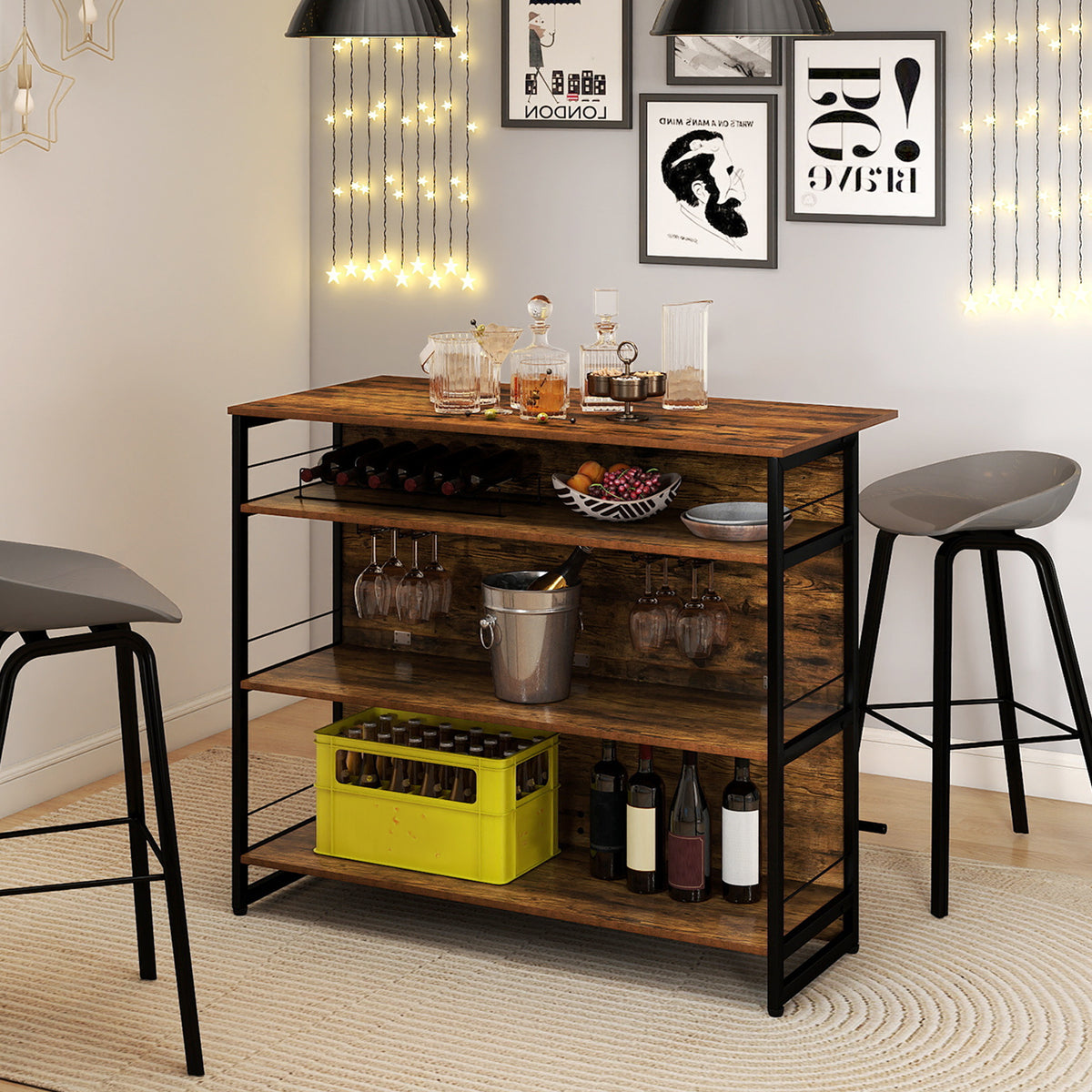 2-in-1 Home Bar Unit with 4 Shelves and Glass Holders and Wine Racks-Rustic Brown