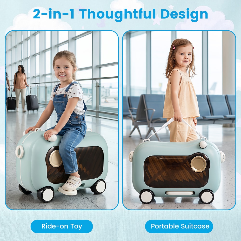 The kids luggage showing both the ride-on and portable suitcase functions