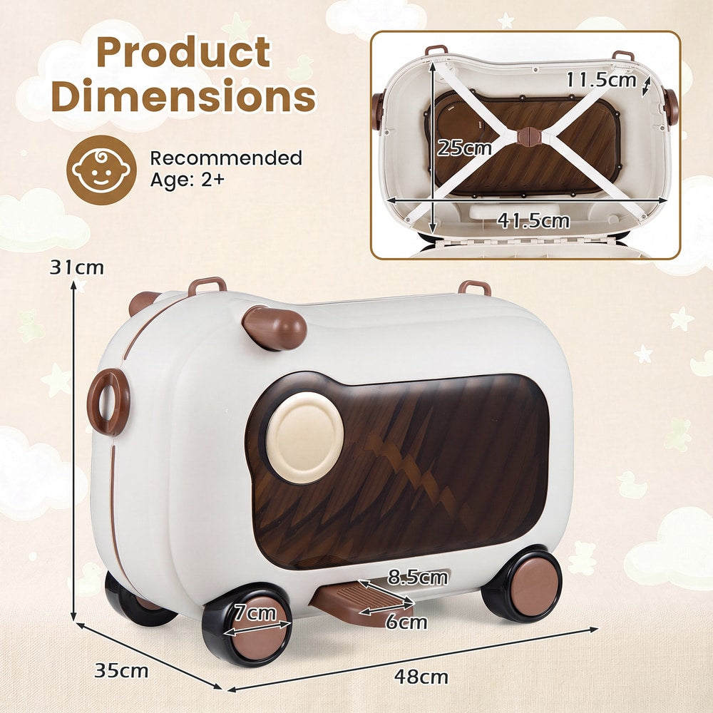 Dimensions diagram for the brown kids luggage showing height and length