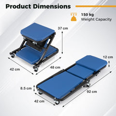 Product dimensions diagram for the blue rolling creeper seat