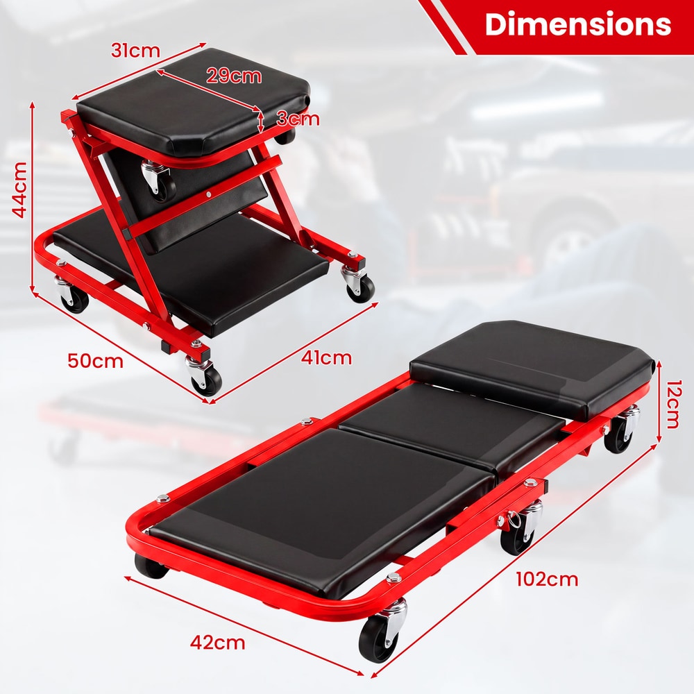 Dimensions of the red rolling creeper seat garage chair in folded and reclined positions
