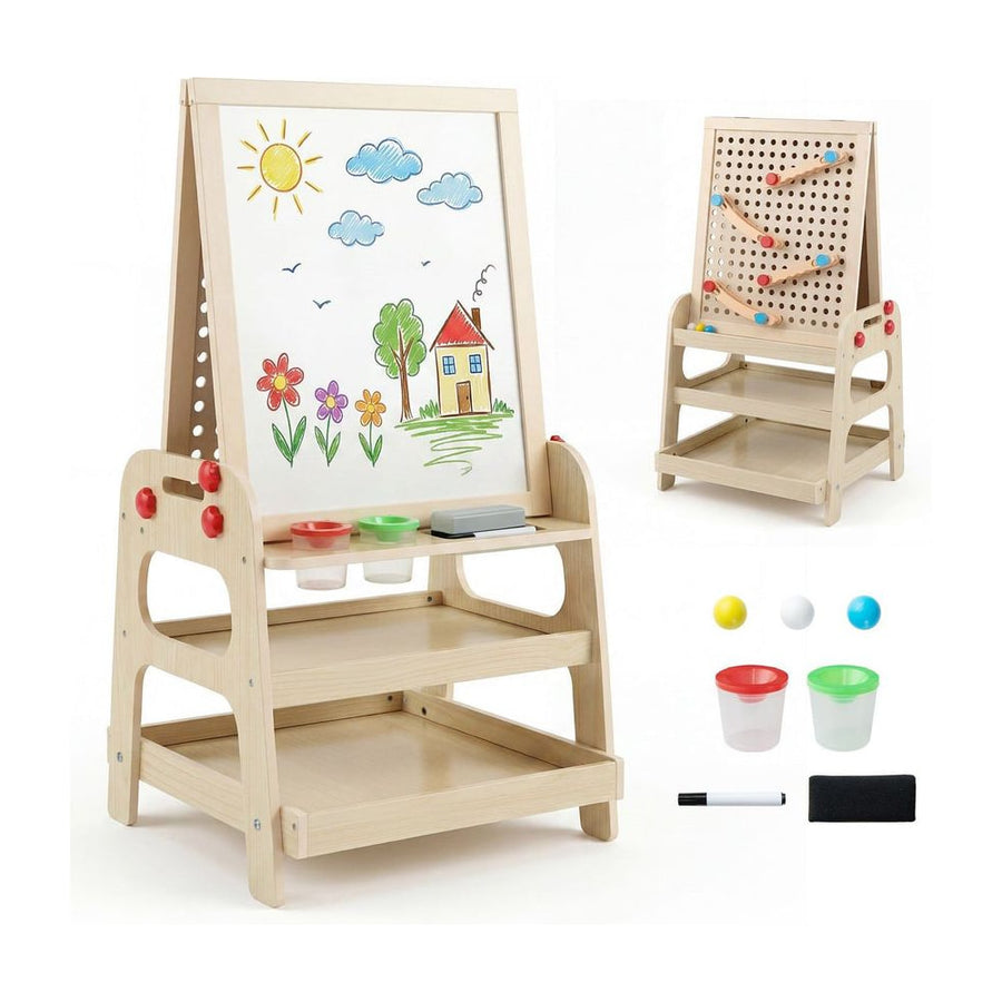 2-in-1 Wooden Easel for Kids with Magnetic Whiteboard and Marble Run Game-Natrual