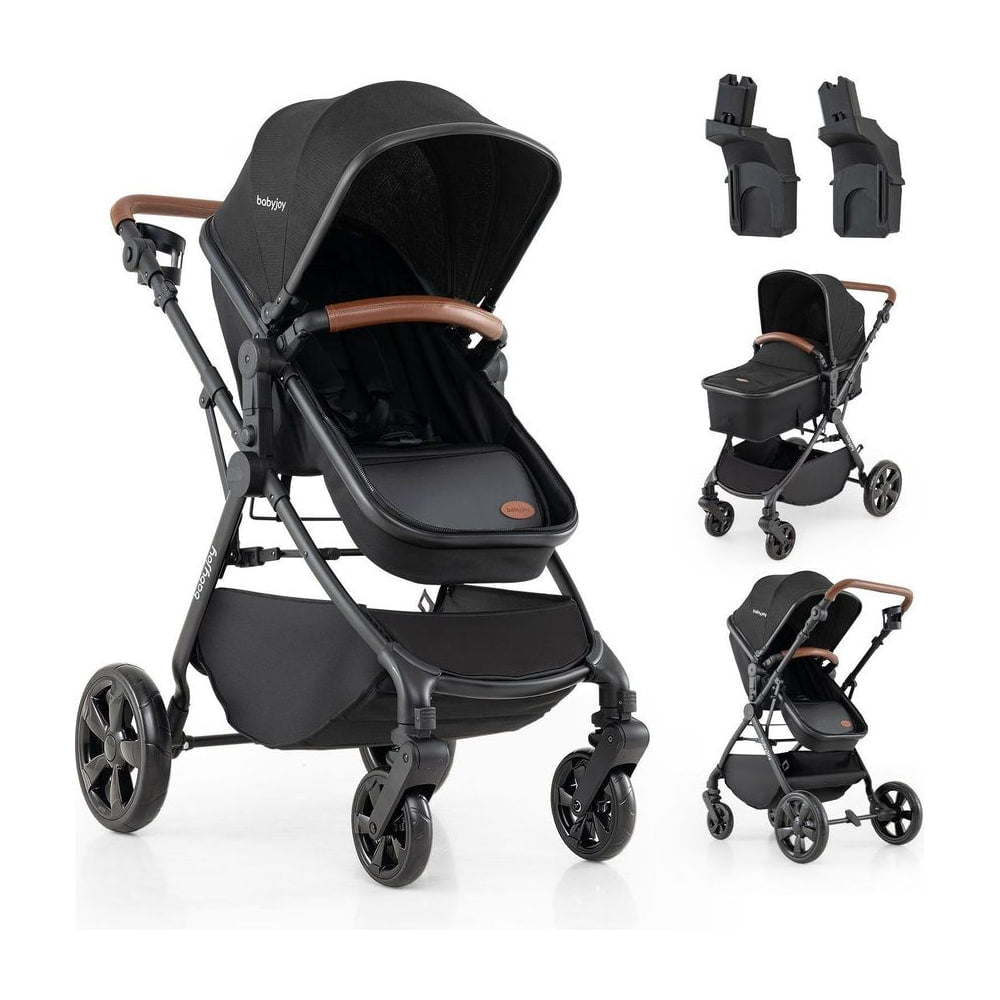 2-in-1 Convertible Baby Stroller shown with car seat adapters and different seat configurations