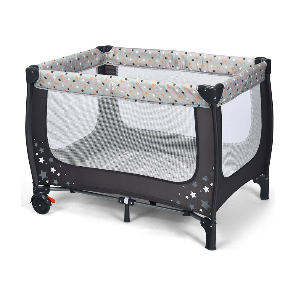 2-in-1 Foldable Baby Playpen with Lockable Wheels and Mattress in grey with star patterns