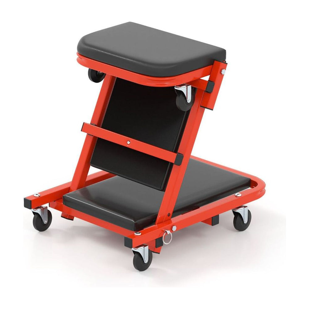 2-in-1 Folding Profile Mechanic Creeper in the upright seat configuration with black padded cushions