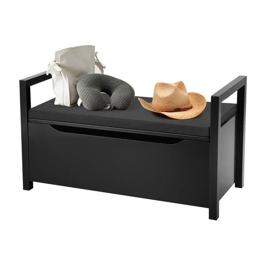 2-in-1 Wooden Shoe Changing Bench with Storage Space in black with a cushion and accessories on top