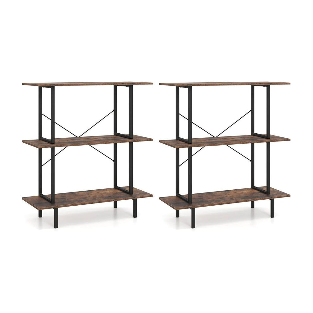 2-Pack 3-Tier Industrial Bookshelf with open shelves in rustic brown wood effect and black metal frame