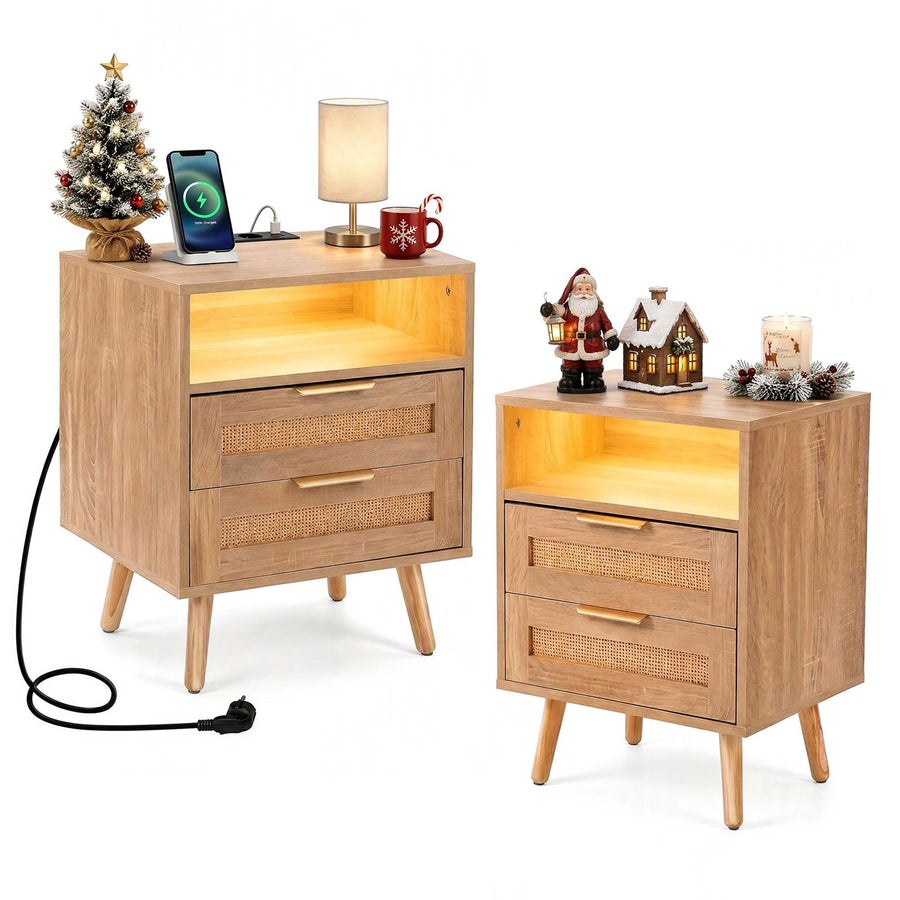 2 Pack LED Lights Rattan Bedside Table