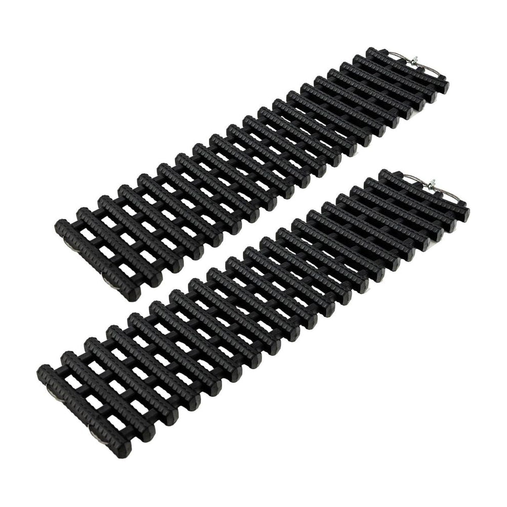 2 Pack Tire Traction Mats shown as two black ridged rectangular recovery tracks on white background